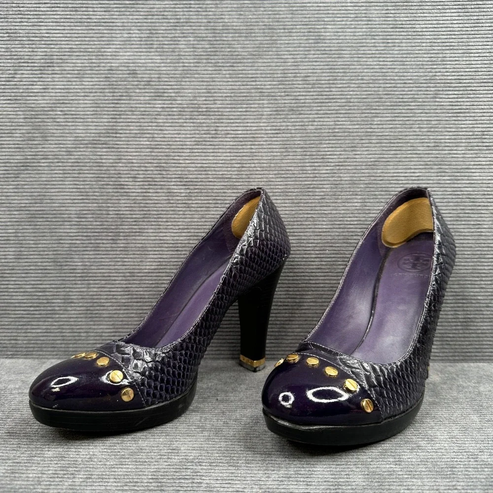 Tory Burch Purple Snakeskin Embossed Studded Patent Toe Platform Pumps Size 8.5M